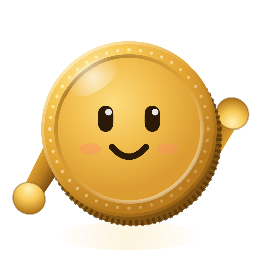 Pip, a friendly gold coin, waving